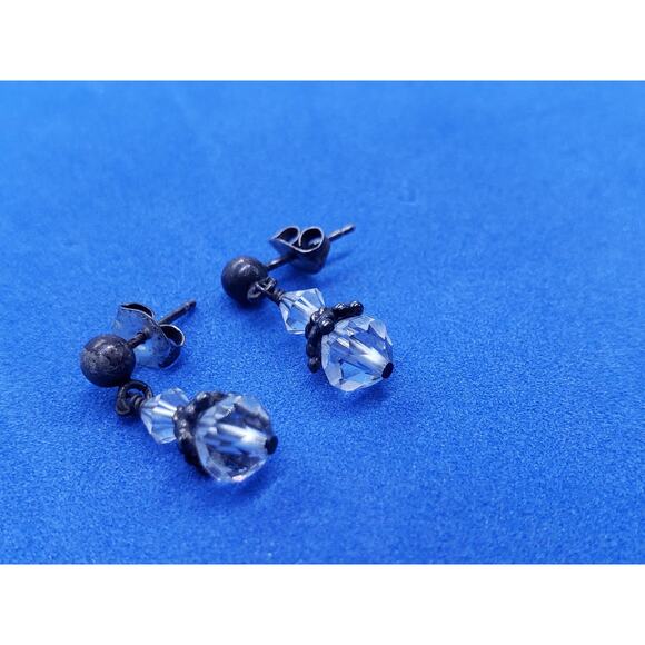 Vintage cut Clear Crystal Bead Drop Earrings Sterling Silver Post Studs - Picture 2 of 5